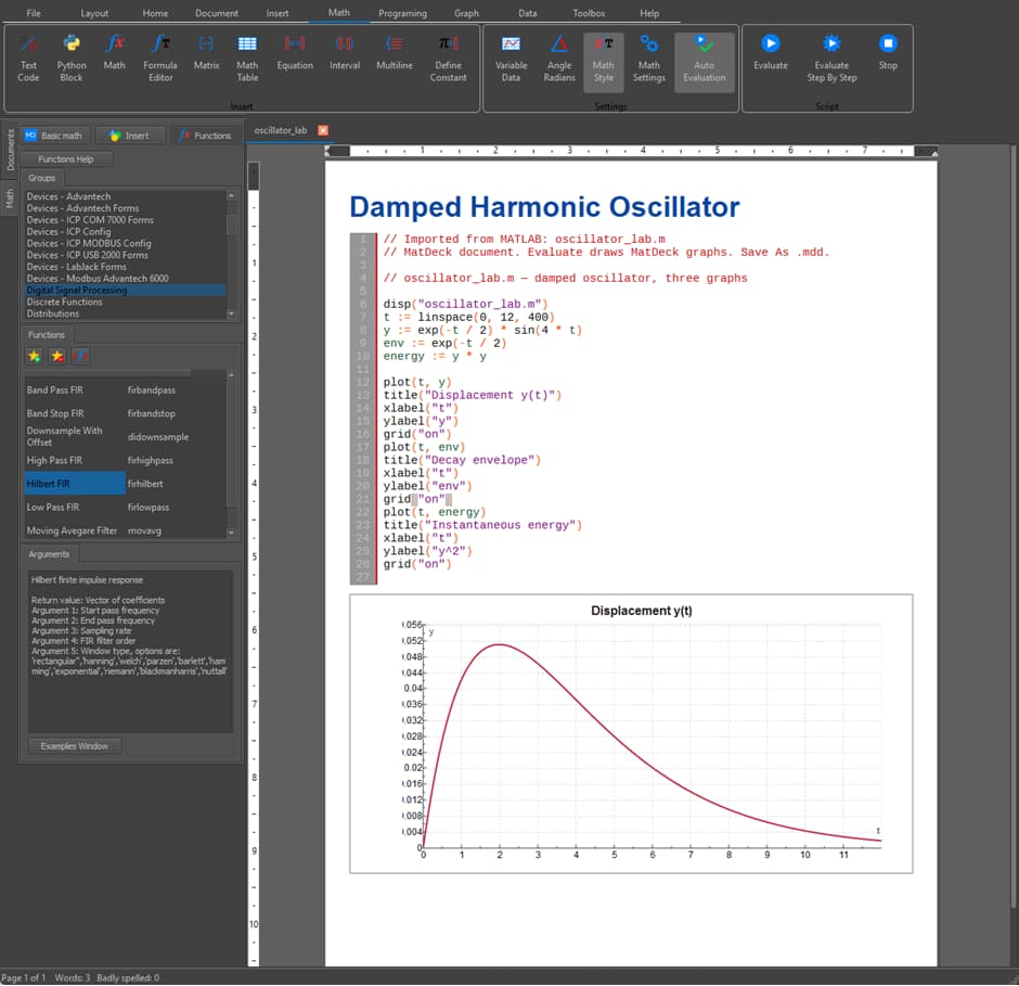 MATLAB-based damped harmonic oscillator calculation running in MatDeck