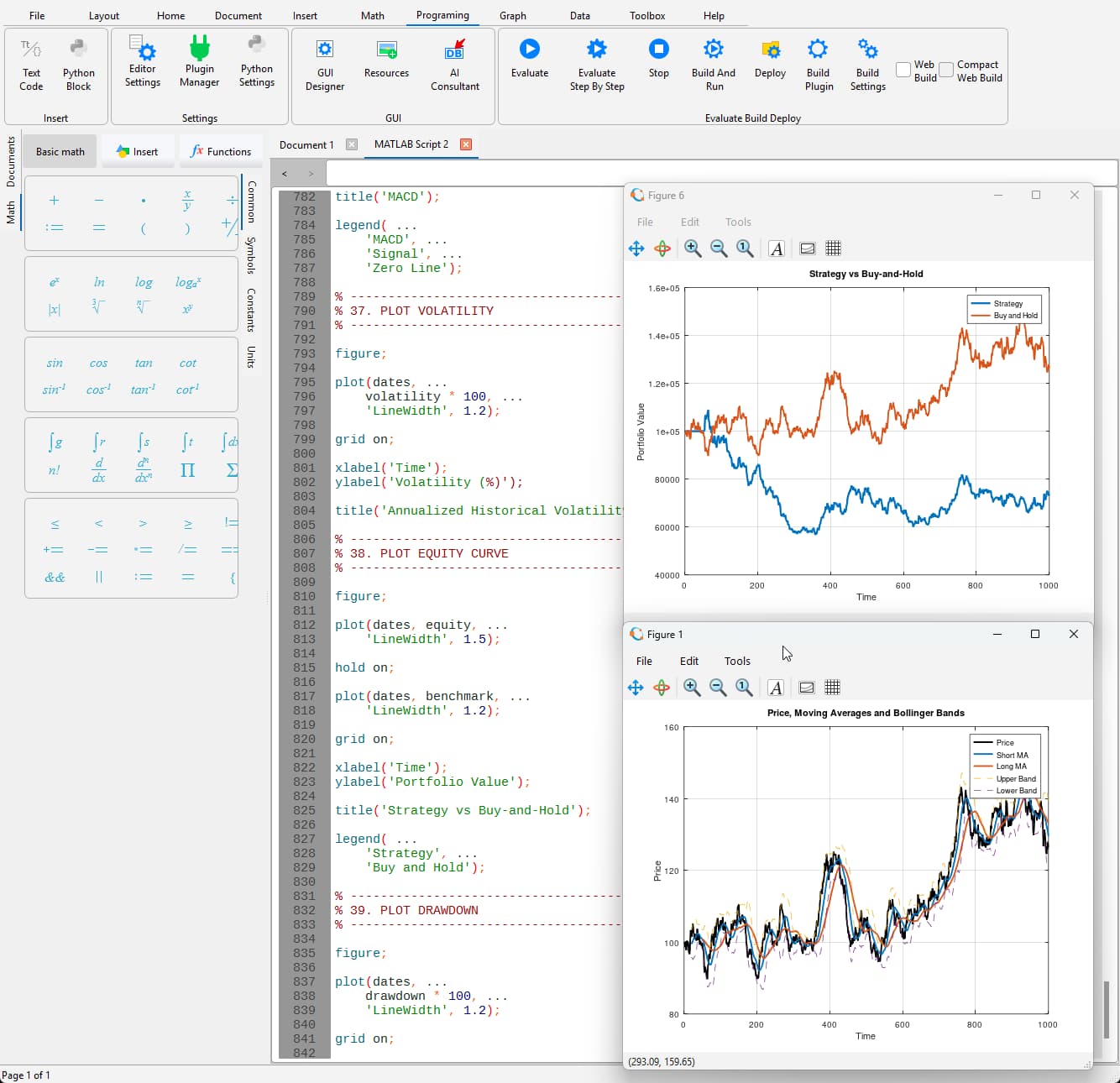 MATLAB financial analysis code running in MatDeck