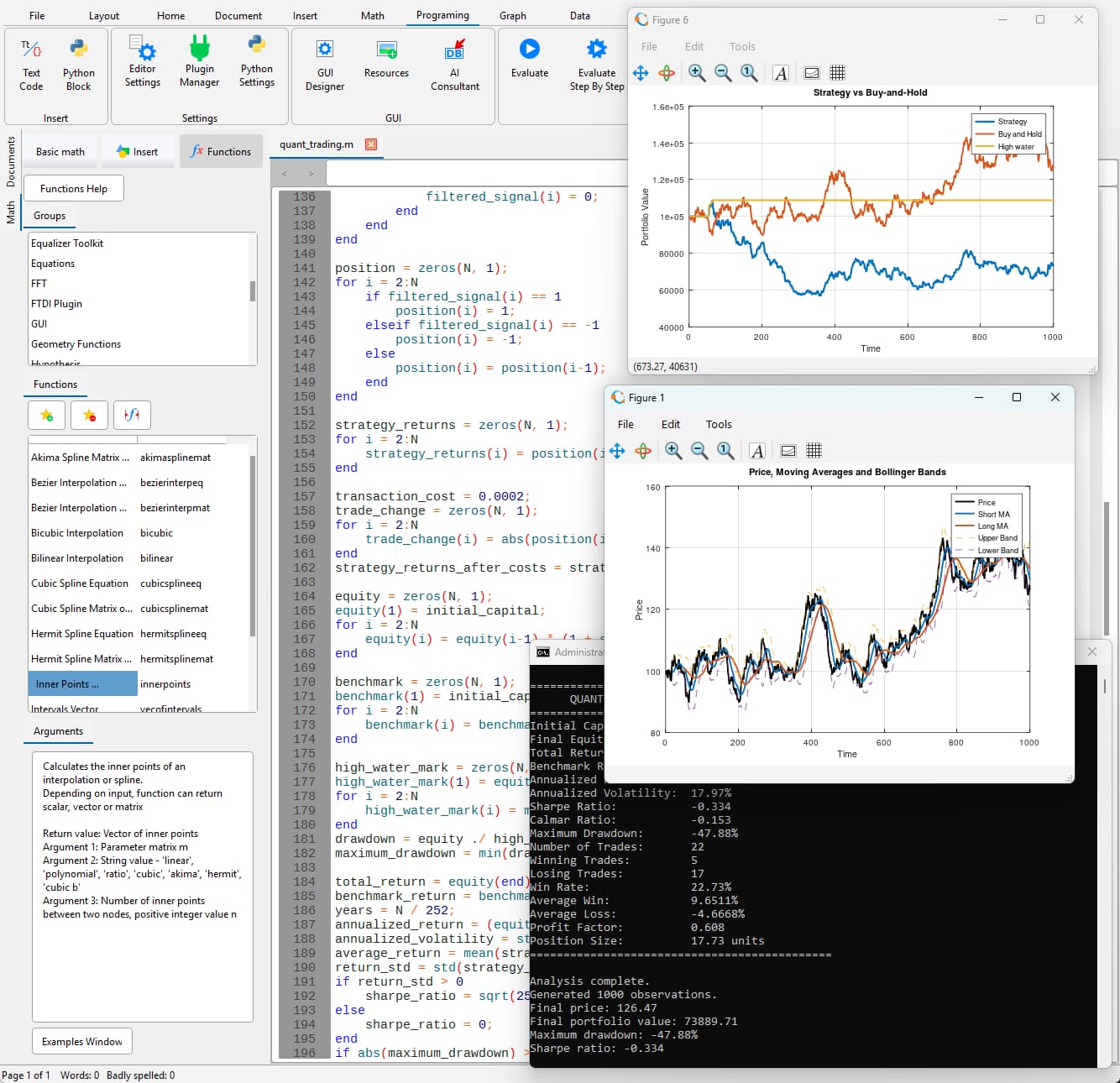 Quantitative trading analysis in MatDeck using MATLAB code